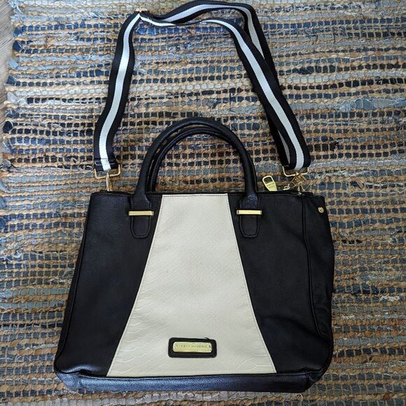 Steve Madden Saffiano large shoulder tote laptop travel black white bag 13x11x5 - Picture 2 of 14